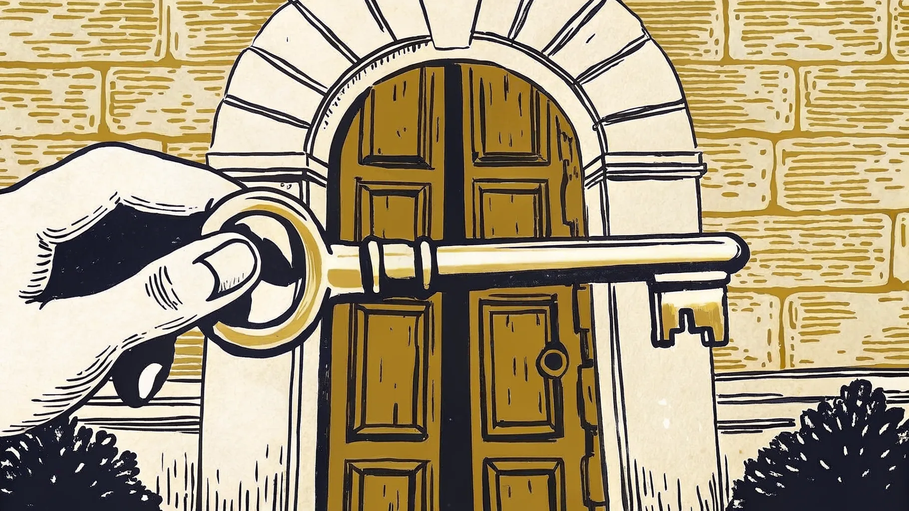 Ilustración estilo grabado de una mano recibiendo la llave de una casona colonial yucateca