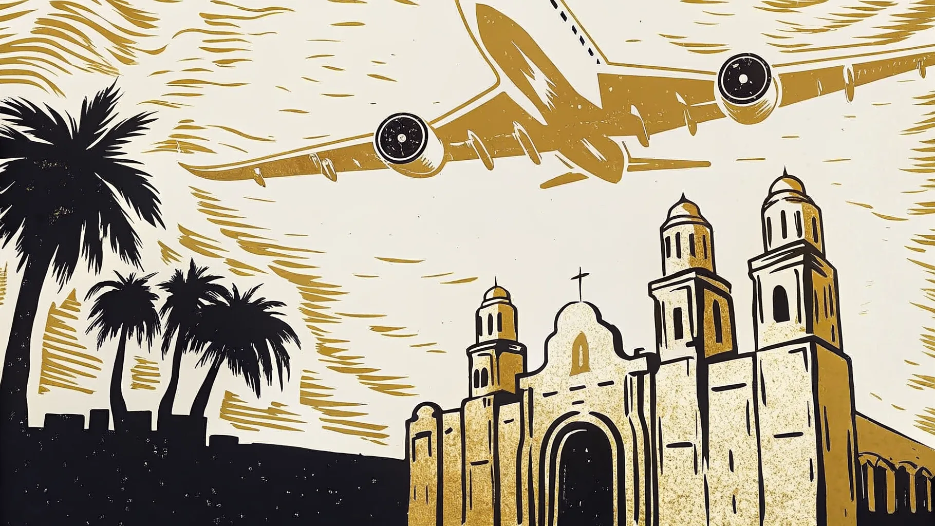 Ilustración estilo grabado de un avión sobrevolando la catedral de Mérida