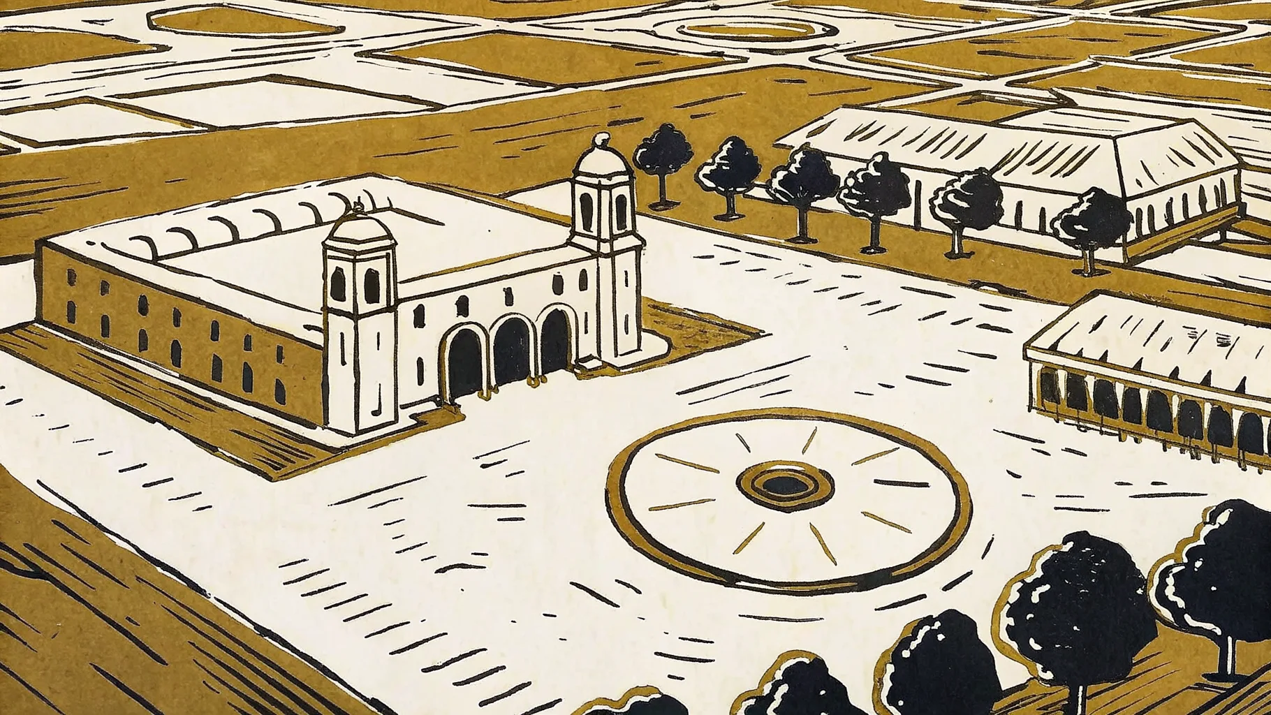 Vista aérea ilustrada del centro de Mérida y su expansión urbana