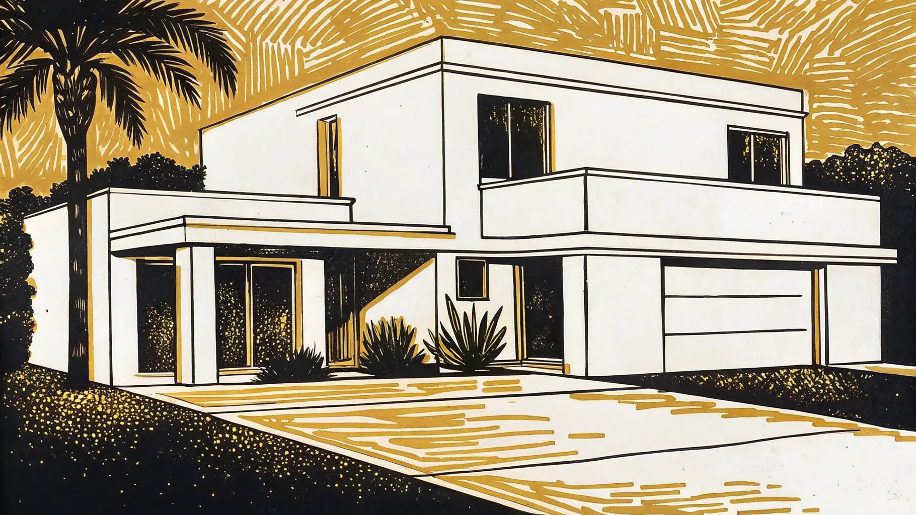 Ilustración estilo grabado de una casa contemporánea en el norte de Mérida