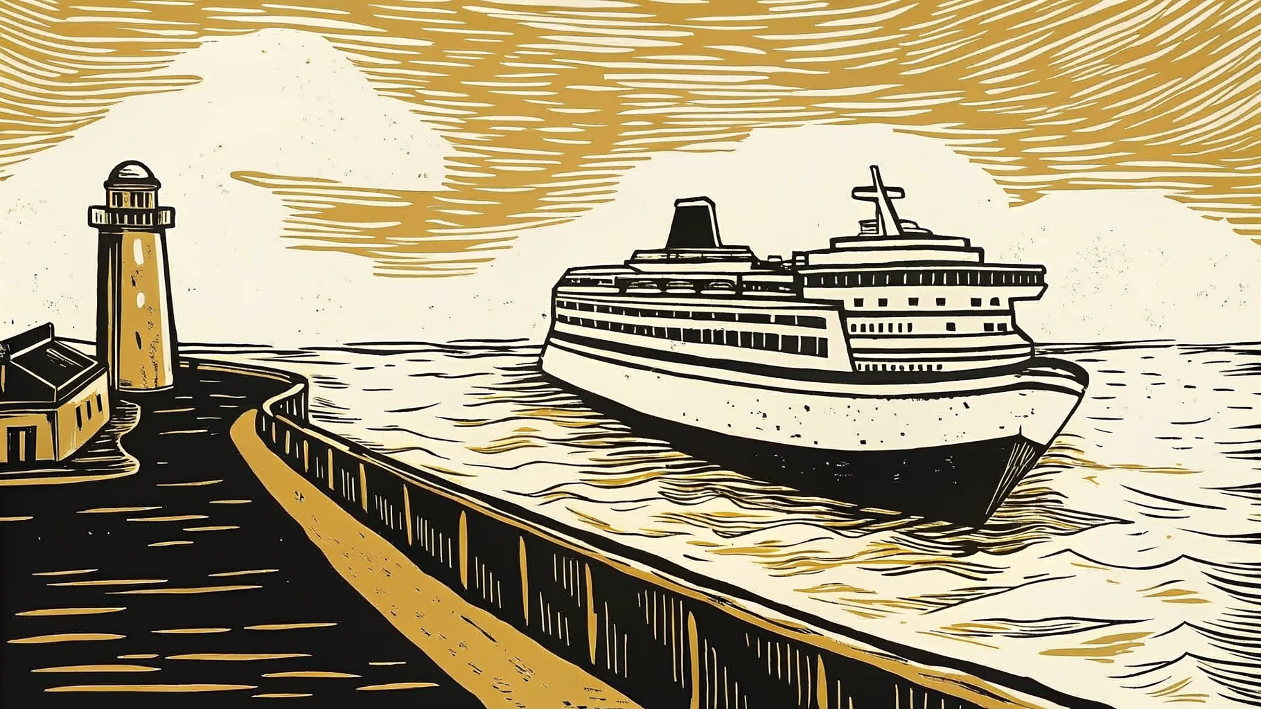 Ilustración estilo grabado de un crucero atracando en el muelle de Progreso, Yucatán