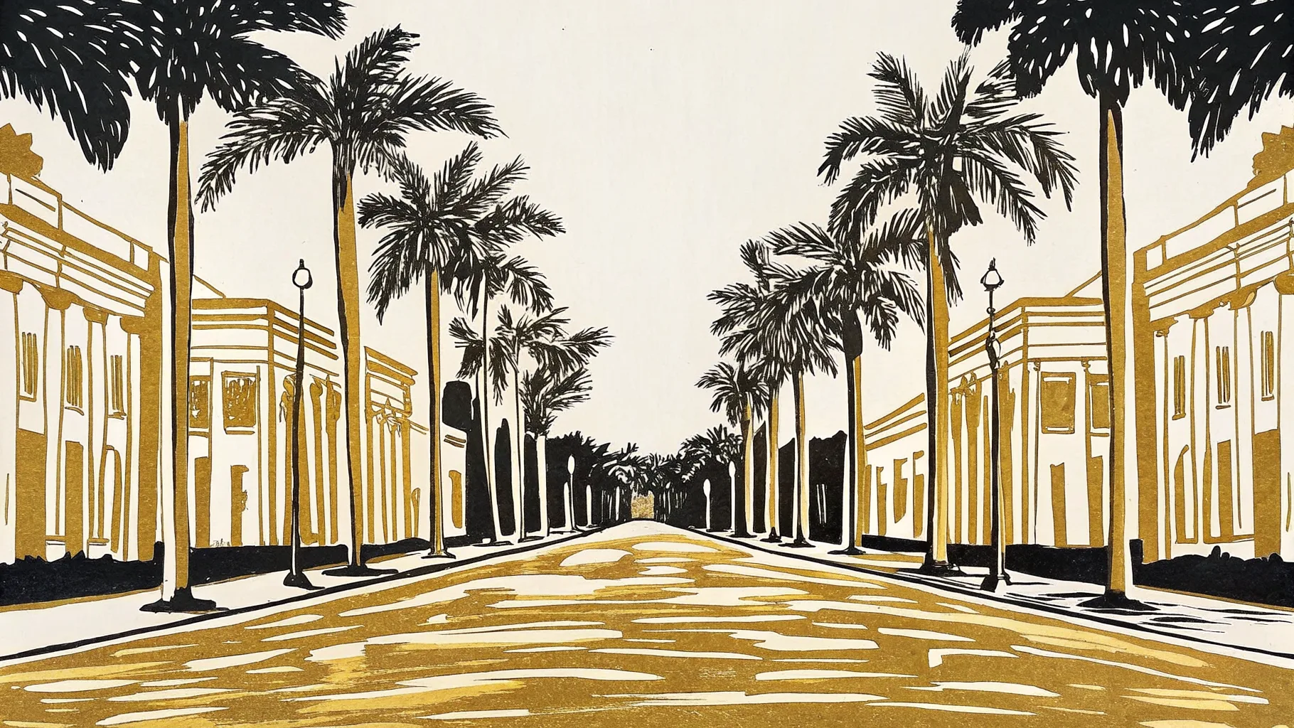 Ilustración estilo grabado del Paseo de Montejo en Mérida con palmeras y mansiones