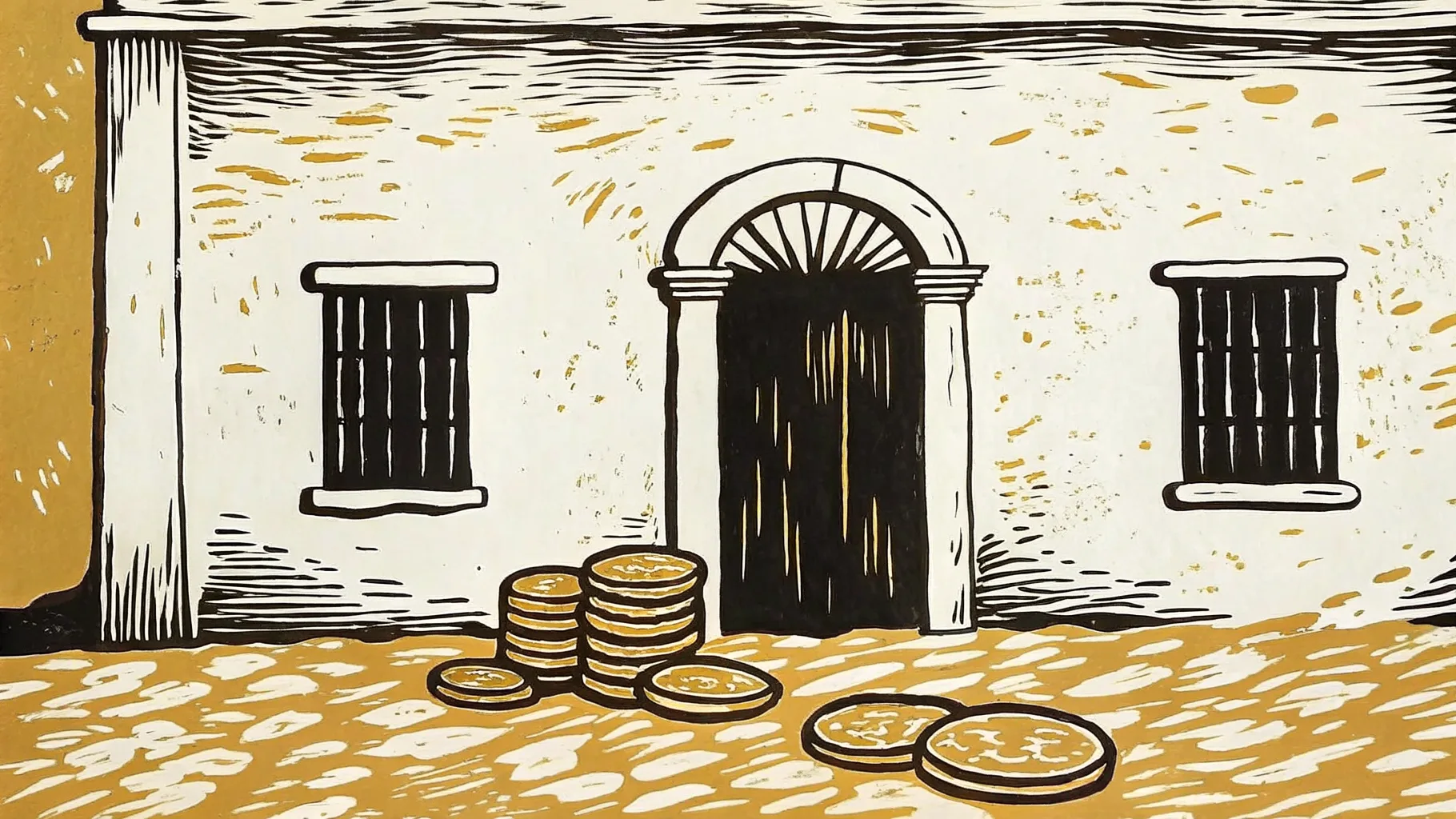 Ilustración estilo grabado de una fachada colonial yucateca con una pila de monedas, costo de vida accesible