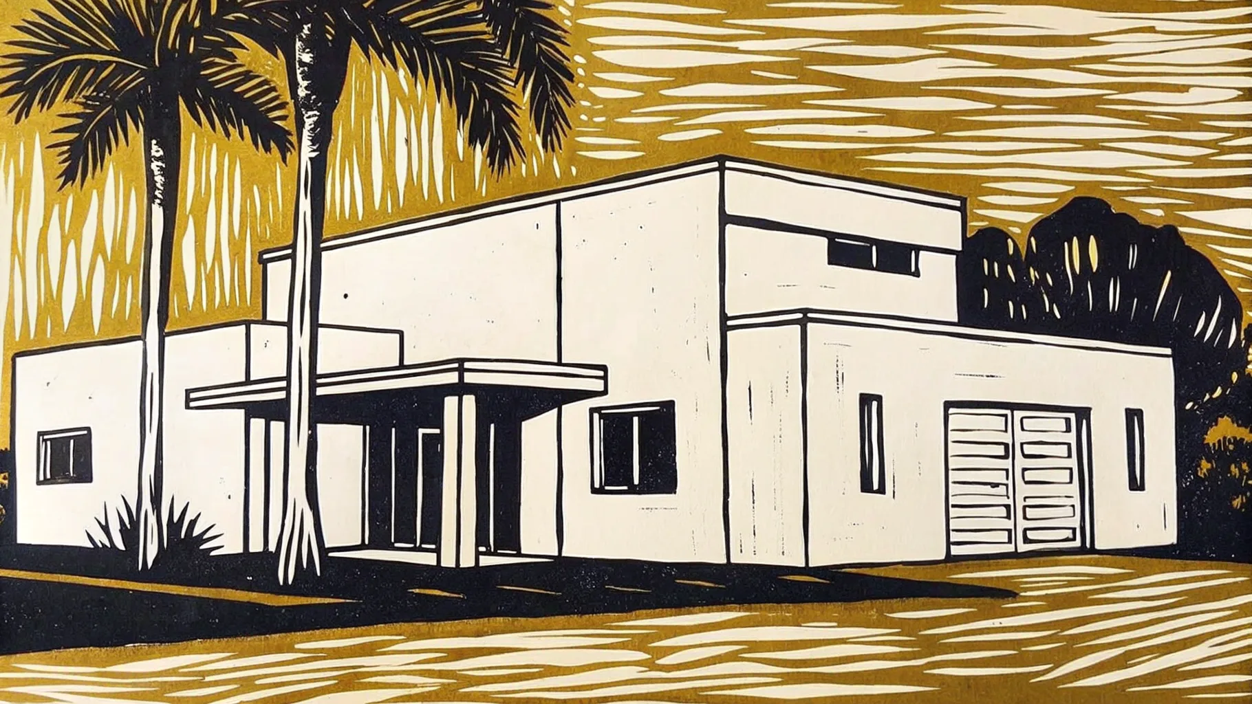 Ilustración estilo grabado de una residencia contemporánea en el norte de Mérida