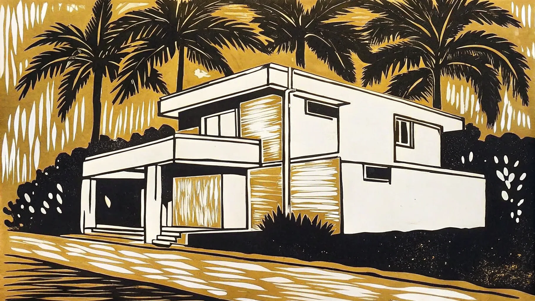 Ilustración estilo grabado de una residencia contemporánea en el norte de Mérida