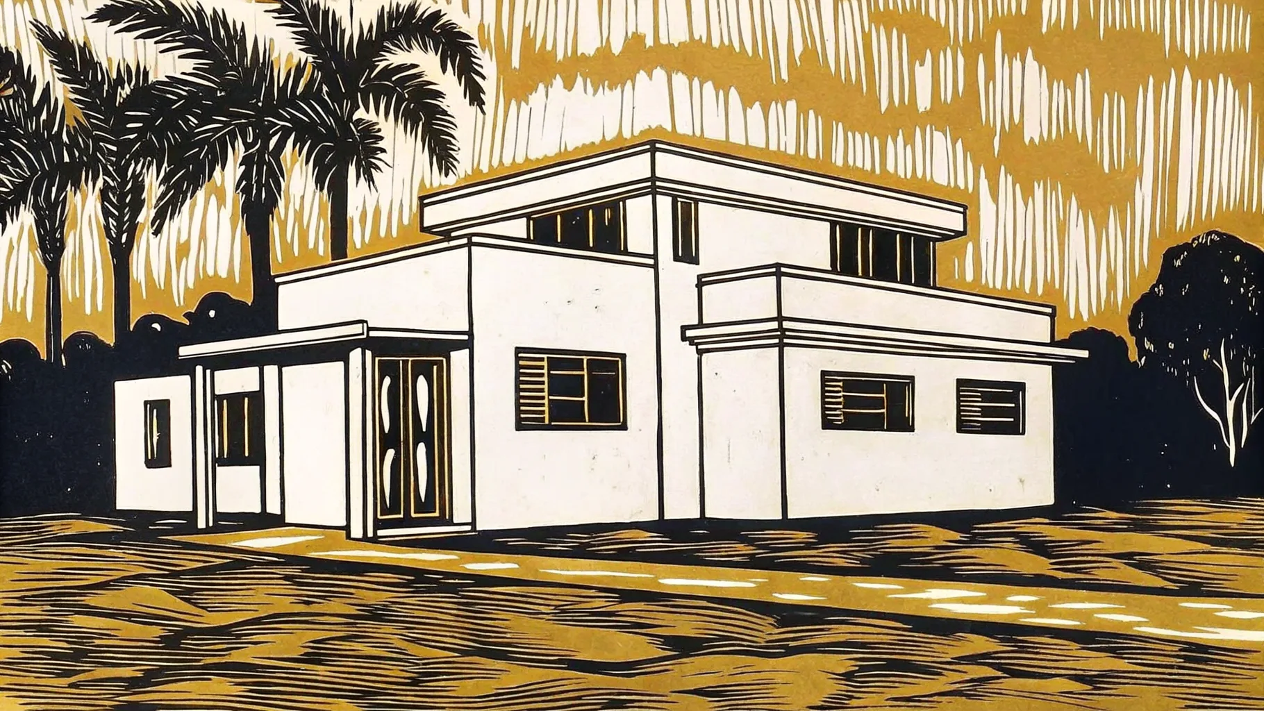 Ilustración estilo grabado de una residencia contemporánea en el norte de Mérida