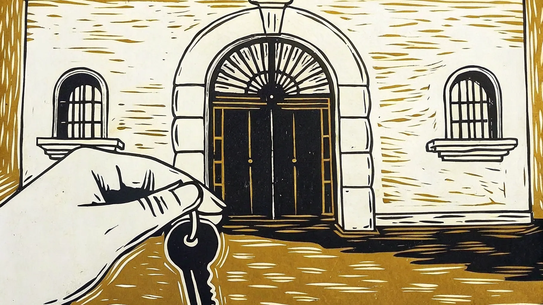 Ilustración estilo grabado de una mano recibiendo la llave de una casona yucateca