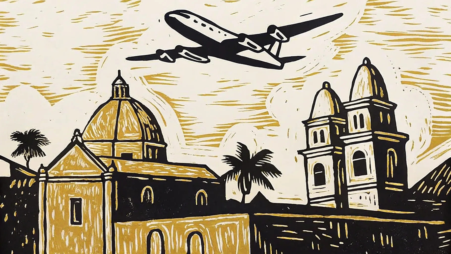 Ilustración estilo grabado de un avión sobre la catedral de Mérida
