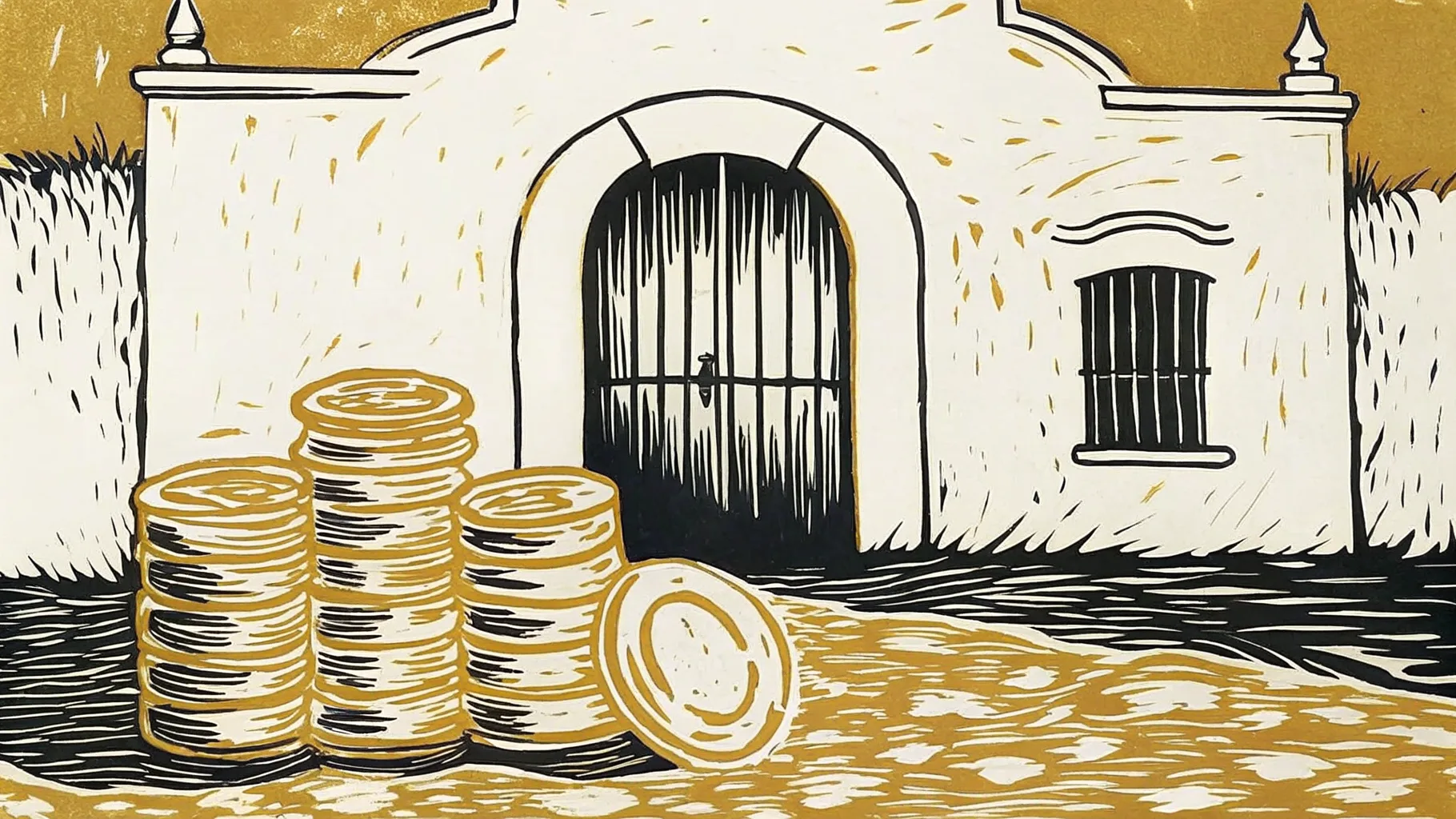 Ilustración estilo grabado de una fachada colonial yucateca con una pila de monedas, costo de vida accesible