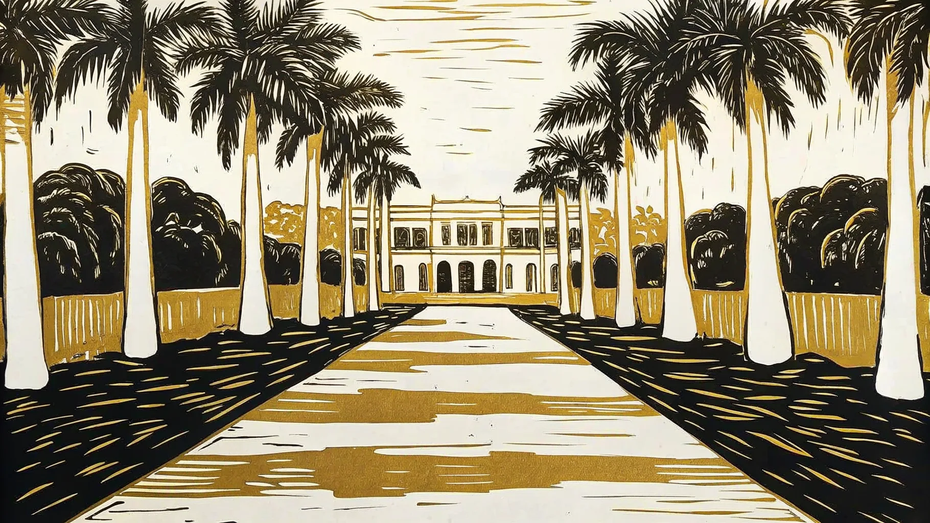 Ilustración estilo grabado de el Paseo de Montejo con palmeras y mansiones coloniales