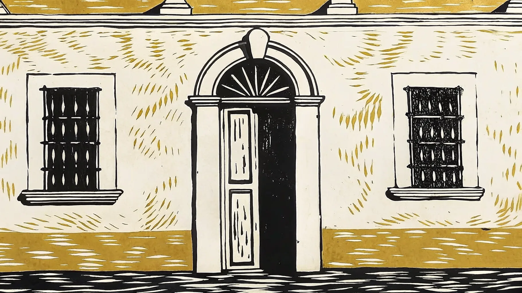 Ilustración estilo grabado de una fachada colonial yucateca de Mérida