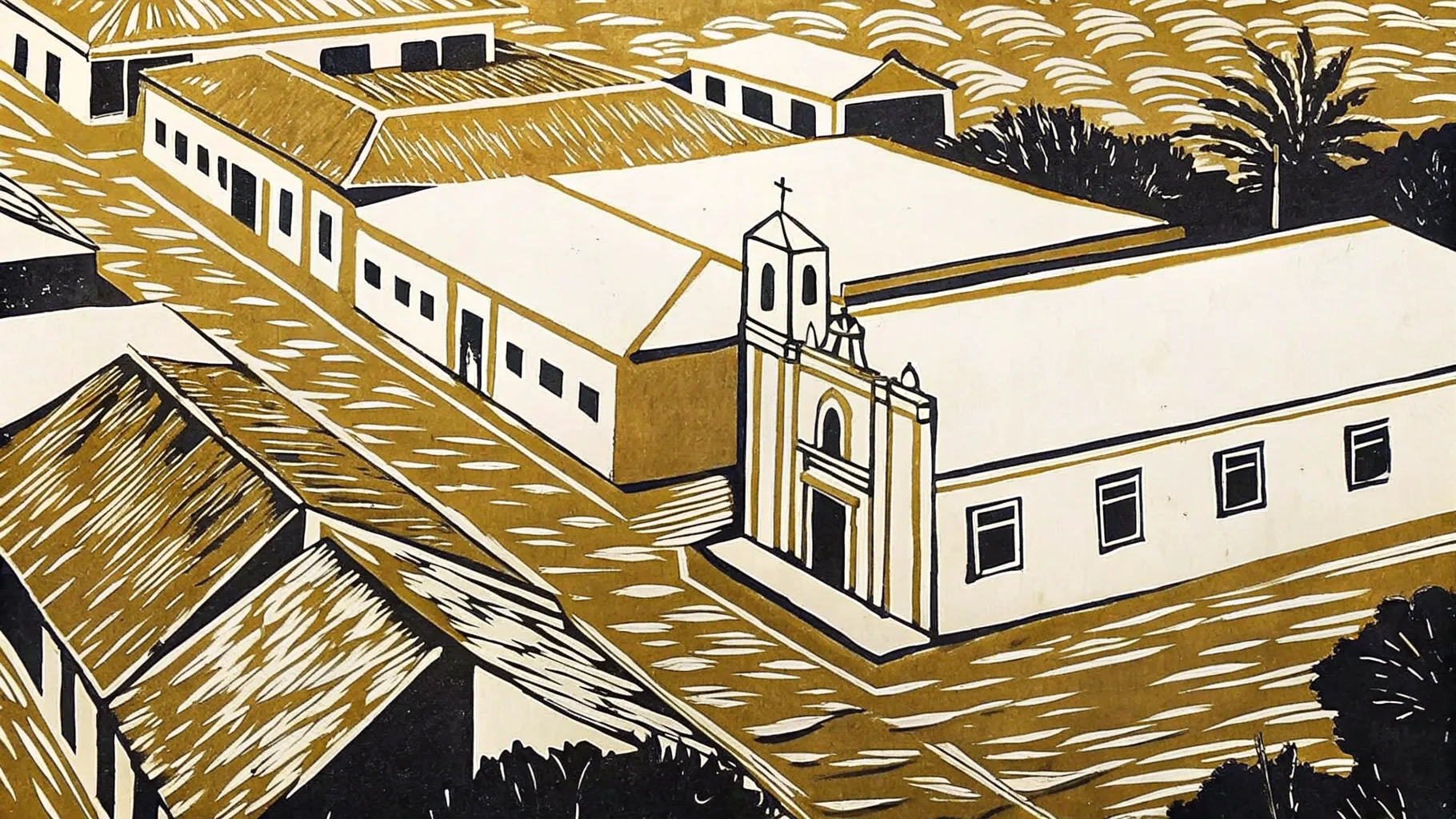 Ilustración estilo grabado de vista aérea del crecimiento de Mérida