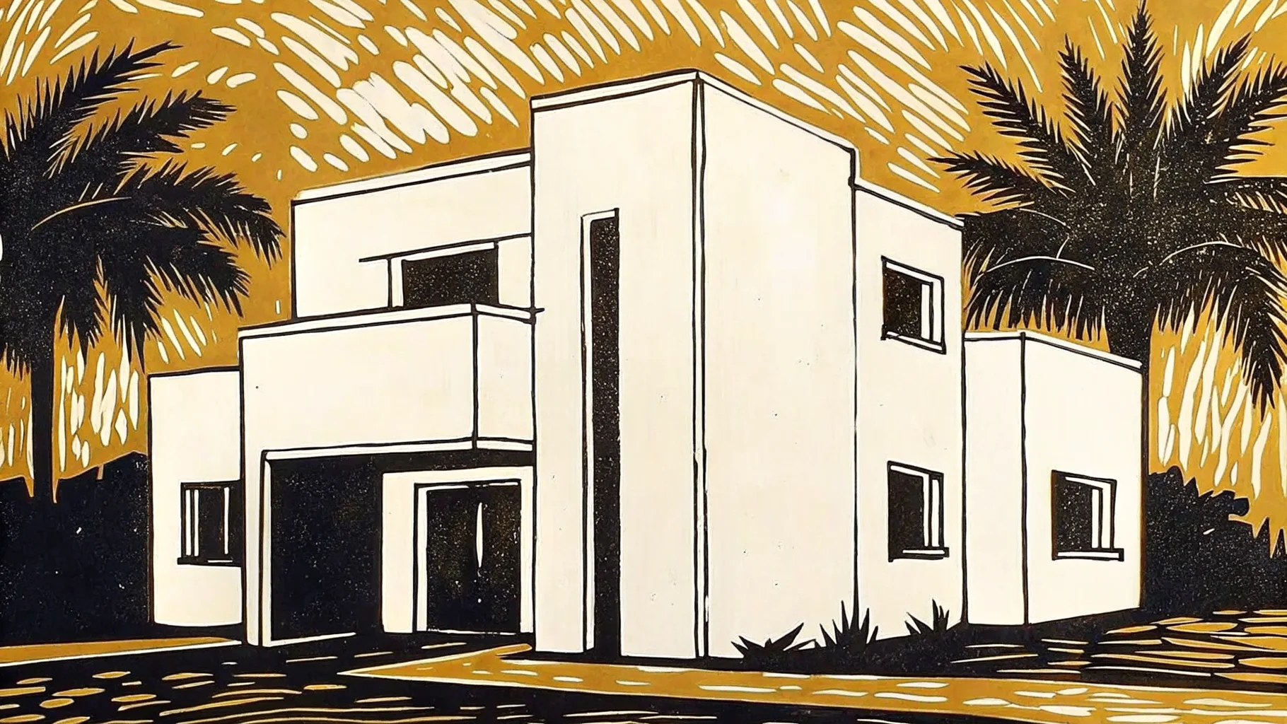 Ilustración estilo grabado de una residencia contemporánea en el norte de Mérida