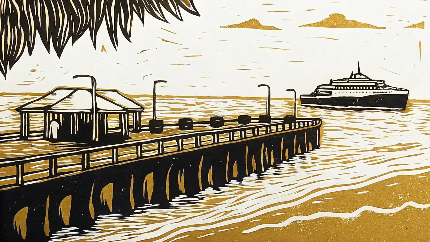 Ilustración estilo grabado de el muelle de Progreso con un crucero