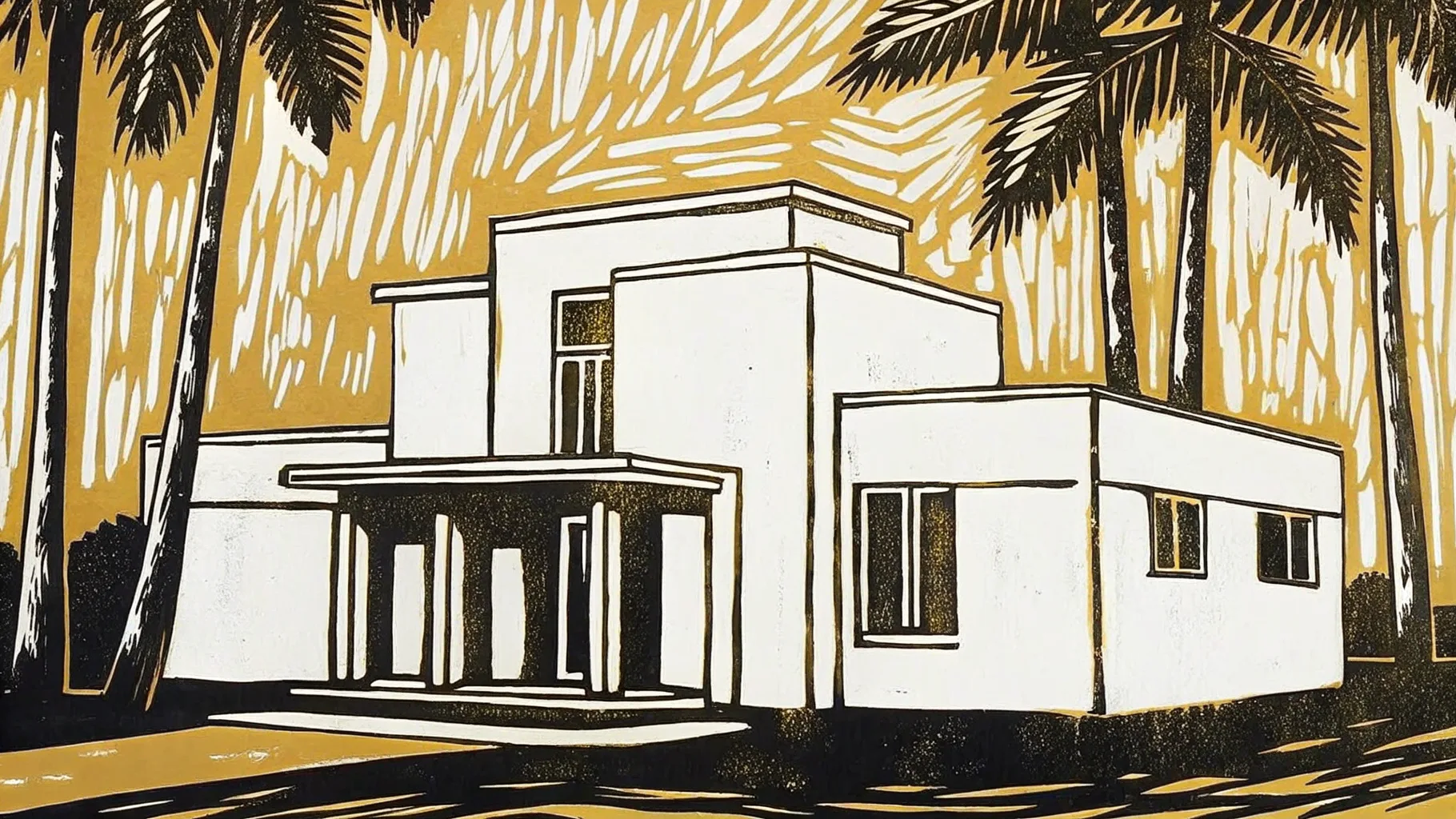 Ilustración estilo grabado de una residencia contemporánea en el norte de Mérida