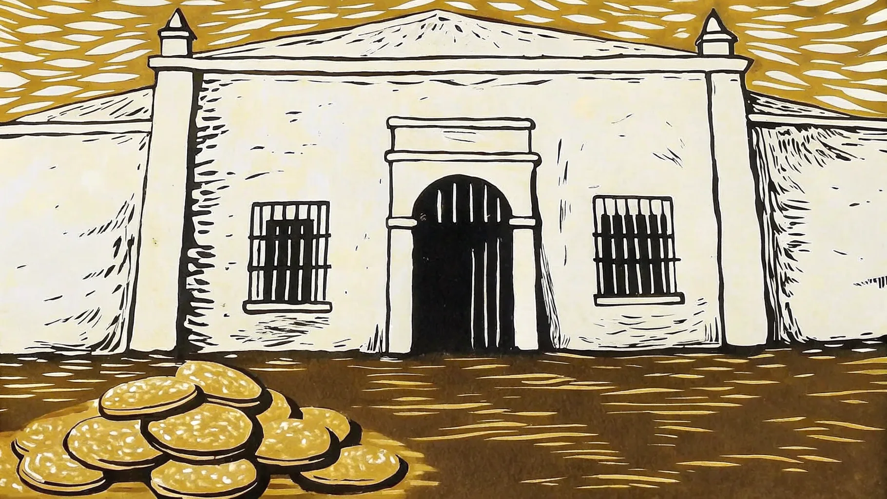 Ilustración estilo grabado de una fachada colonial yucateca con una pila de monedas, costo de vida accesible