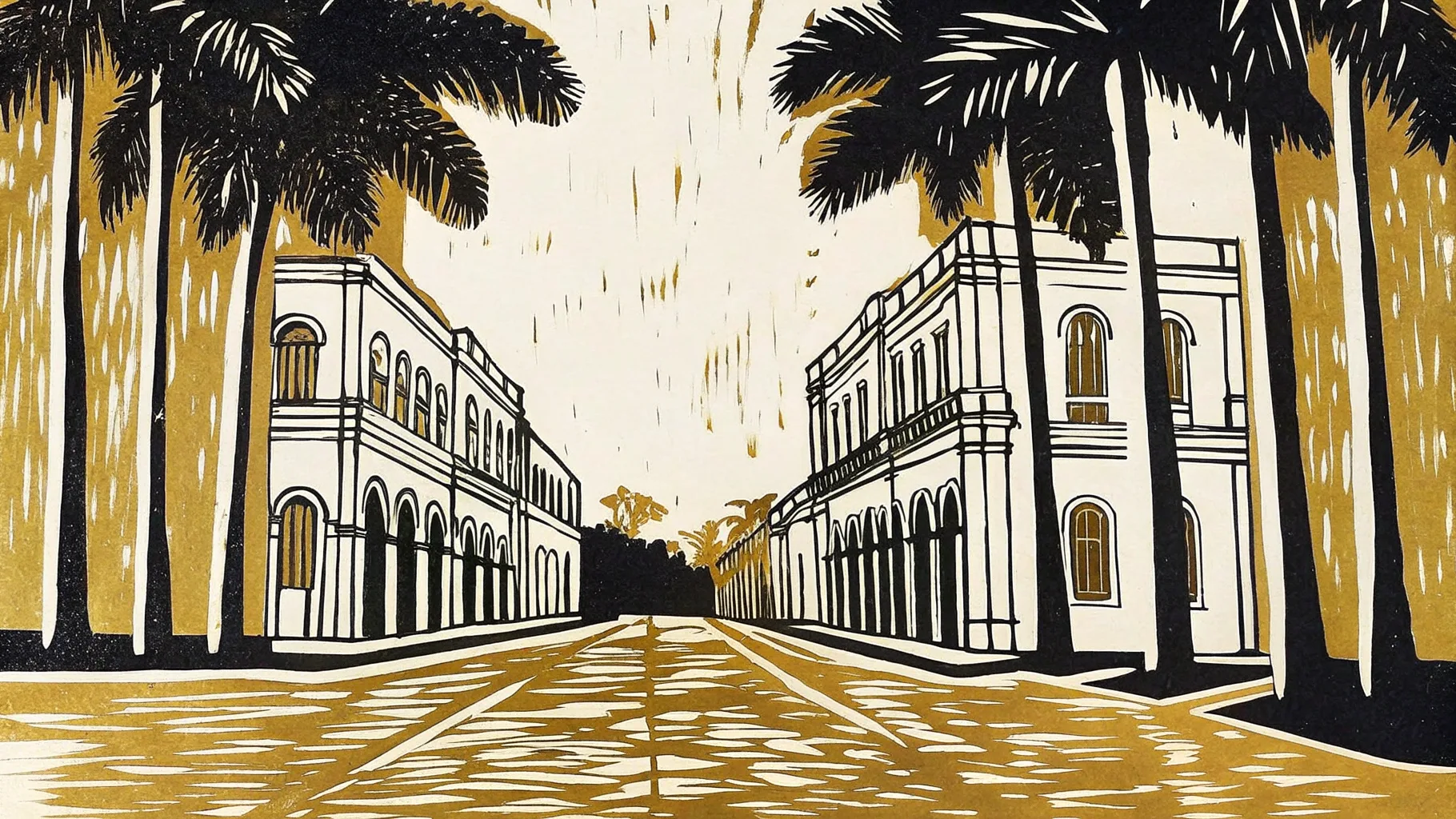 Ilustración estilo grabado de el Paseo de Montejo con palmeras y mansiones coloniales