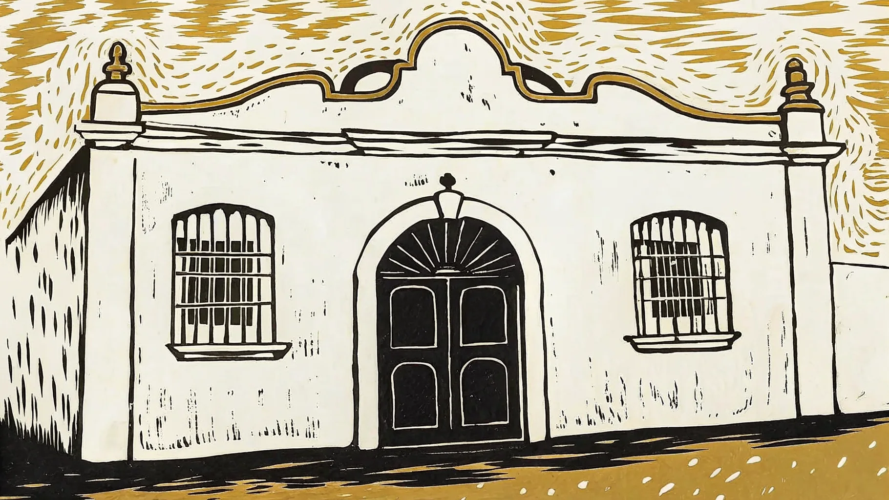 Ilustración estilo grabado de una fachada colonial yucateca de Mérida