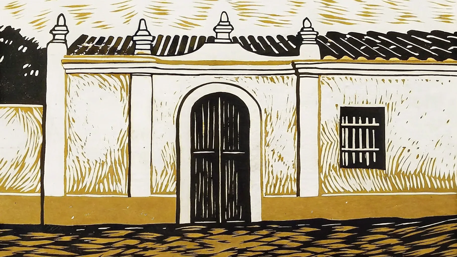 Ilustración estilo grabado de una fachada colonial yucateca de Mérida