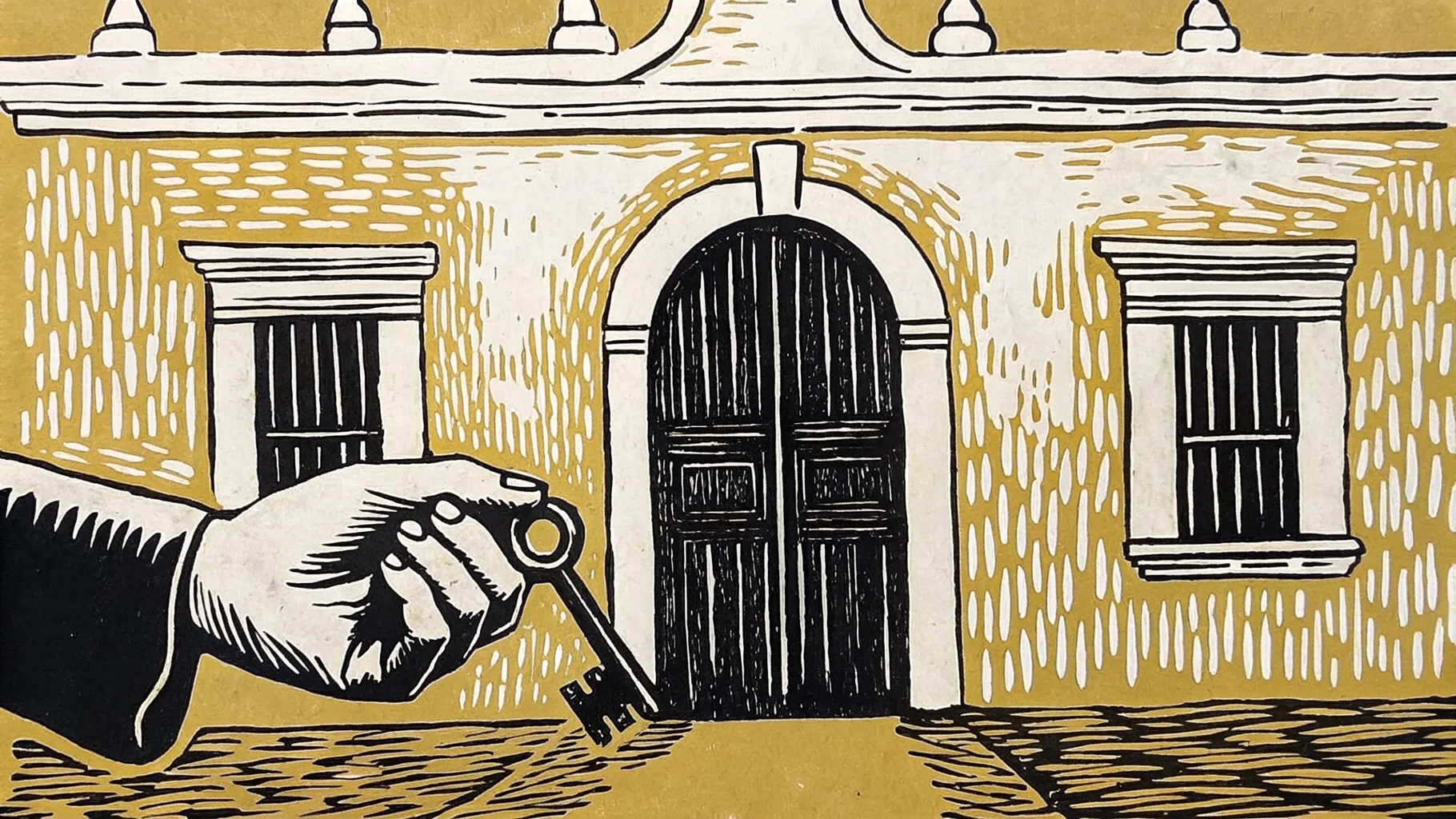 Ilustración estilo grabado de una mano recibiendo la llave de una casona yucateca