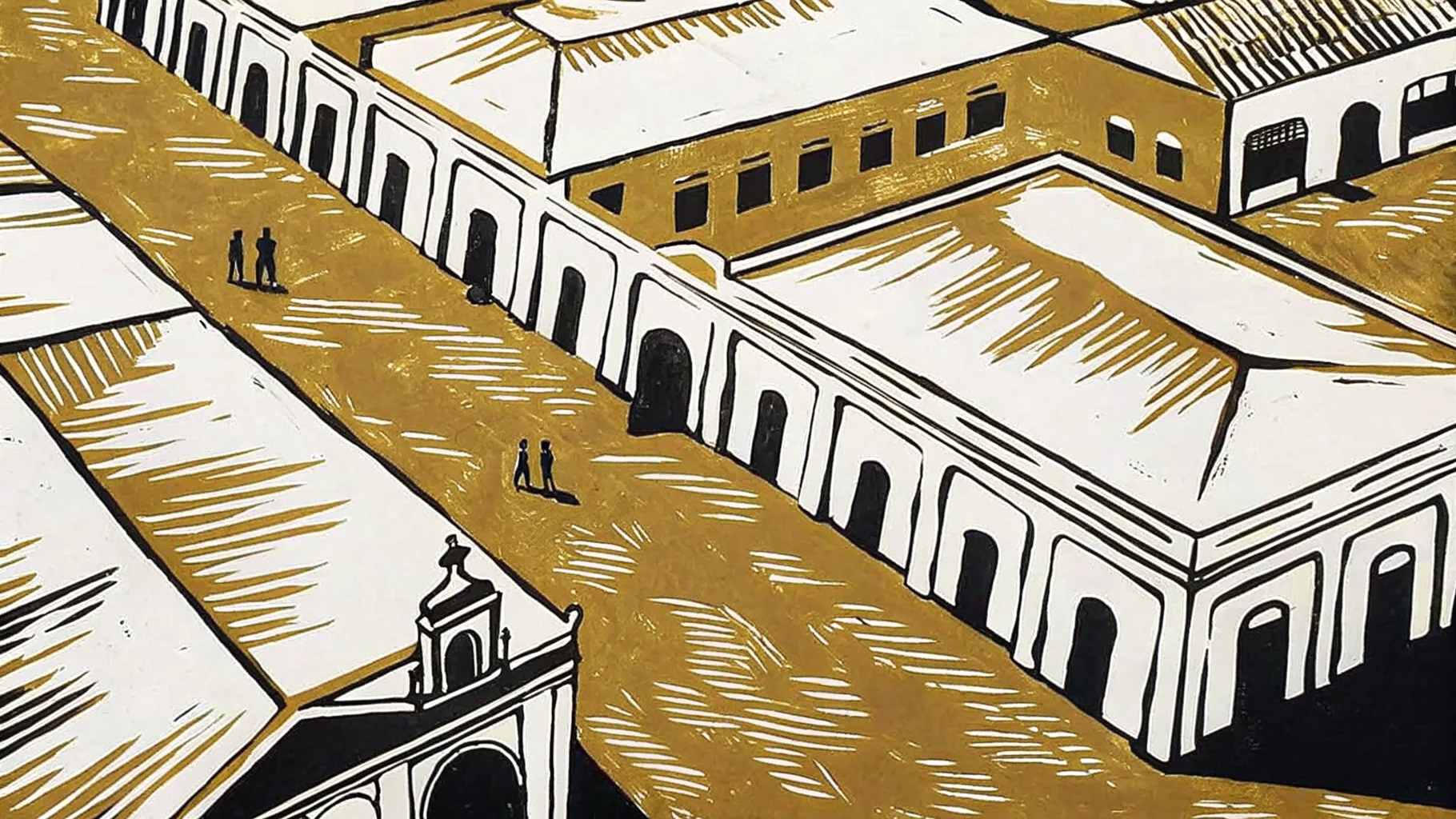 Ilustración estilo grabado de vista aérea del crecimiento de Mérida