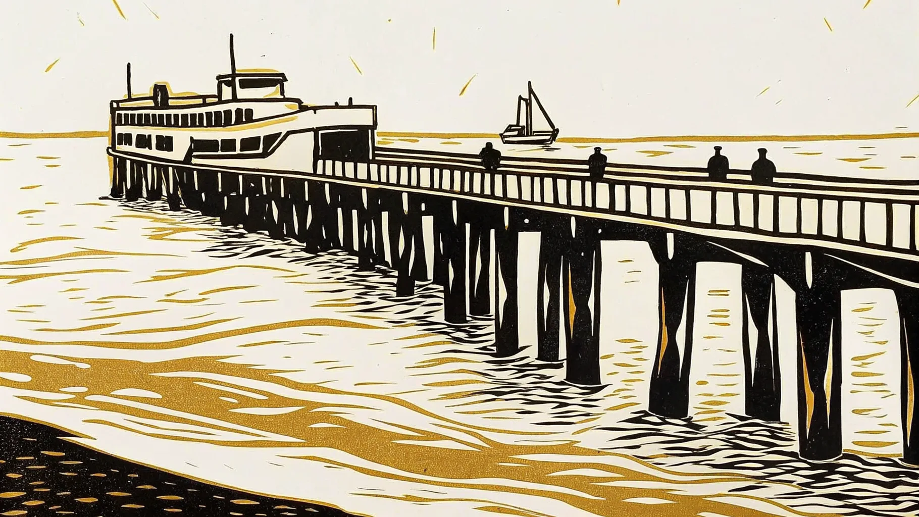 Ilustración estilo grabado de el muelle de Progreso con un crucero