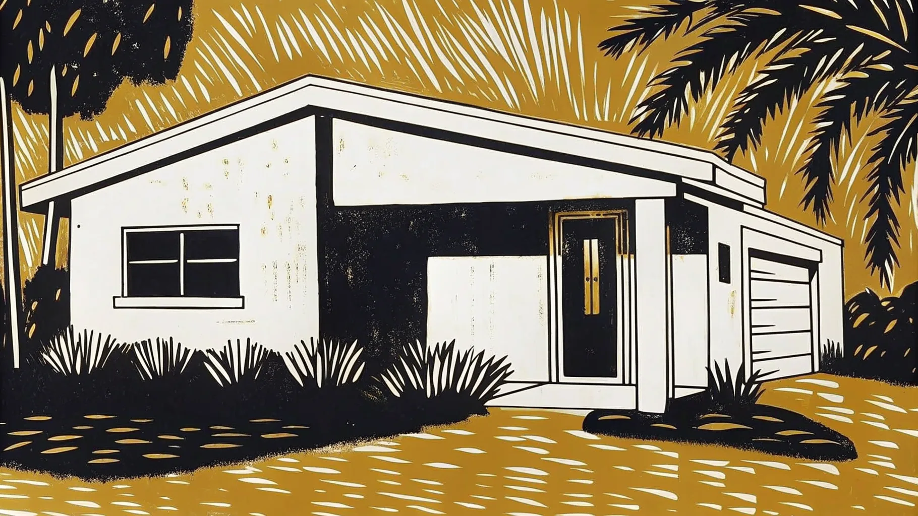 Ilustración estilo grabado de una residencia contemporánea en el norte de Mérida
