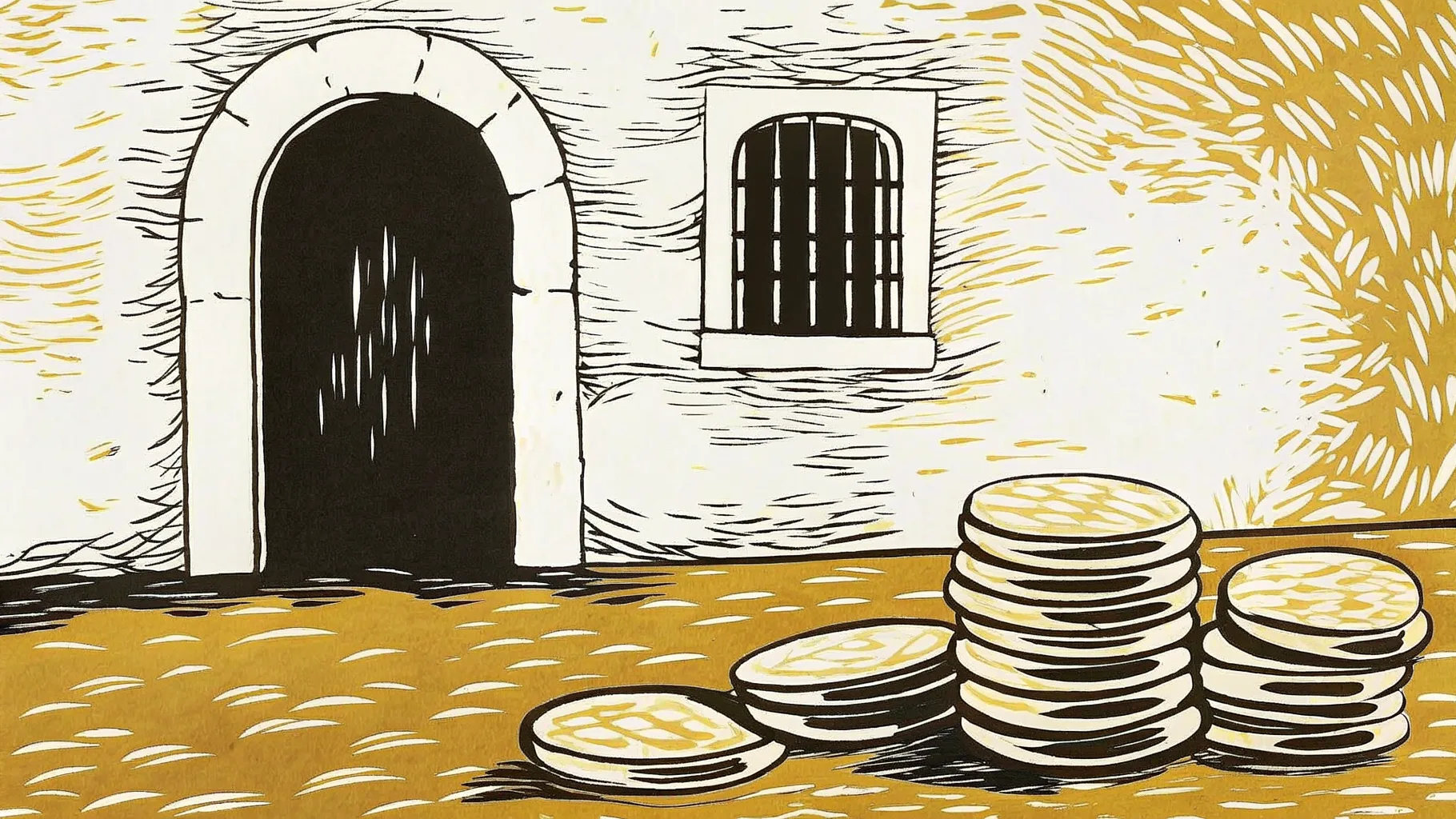Ilustración estilo grabado de una fachada colonial yucateca con una pila de monedas, costo de vida accesible