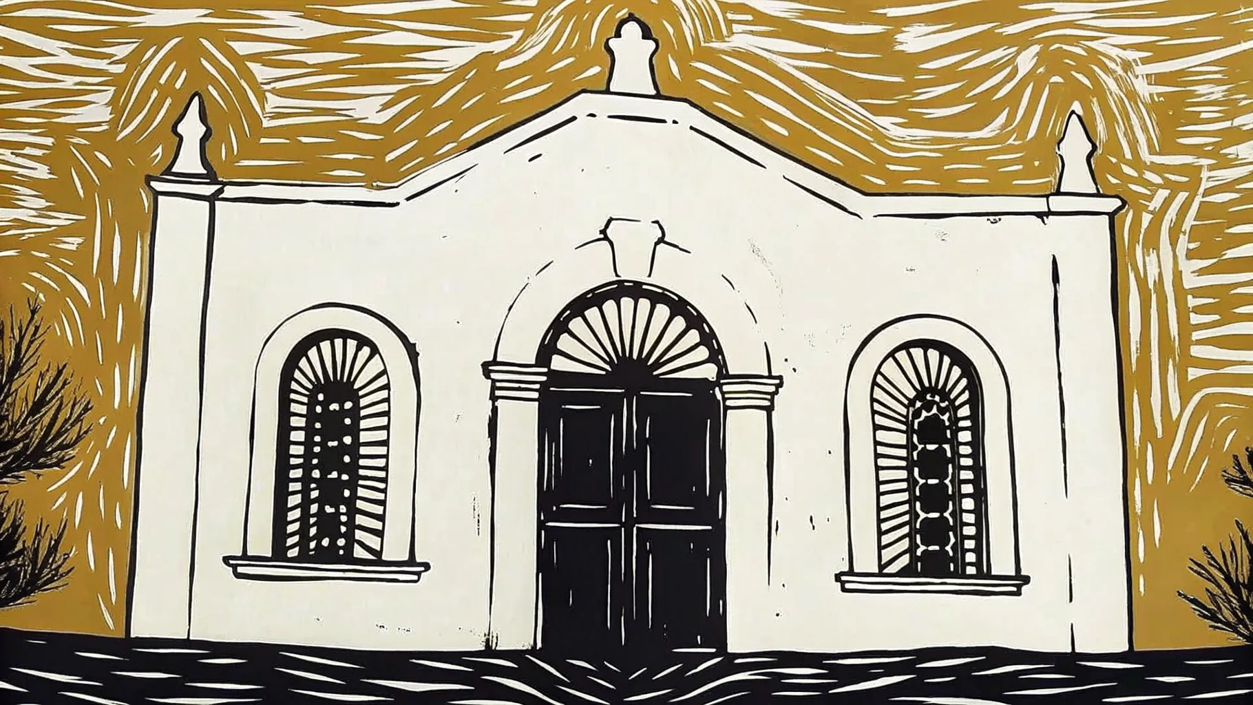 Ilustración estilo grabado de una fachada colonial yucateca de Mérida