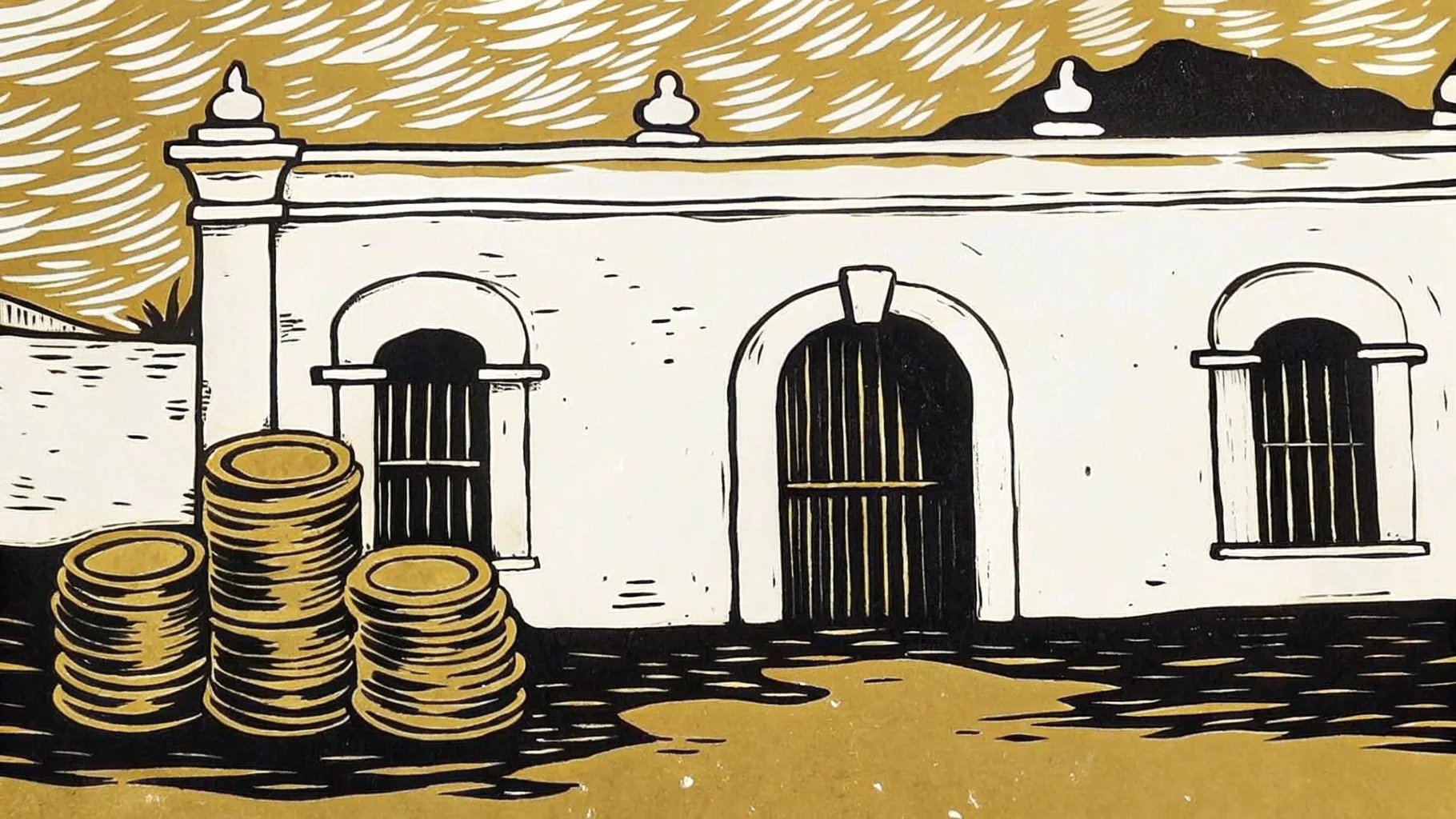 Ilustración estilo grabado de una fachada colonial yucateca con una pila de monedas, costo de vida accesible