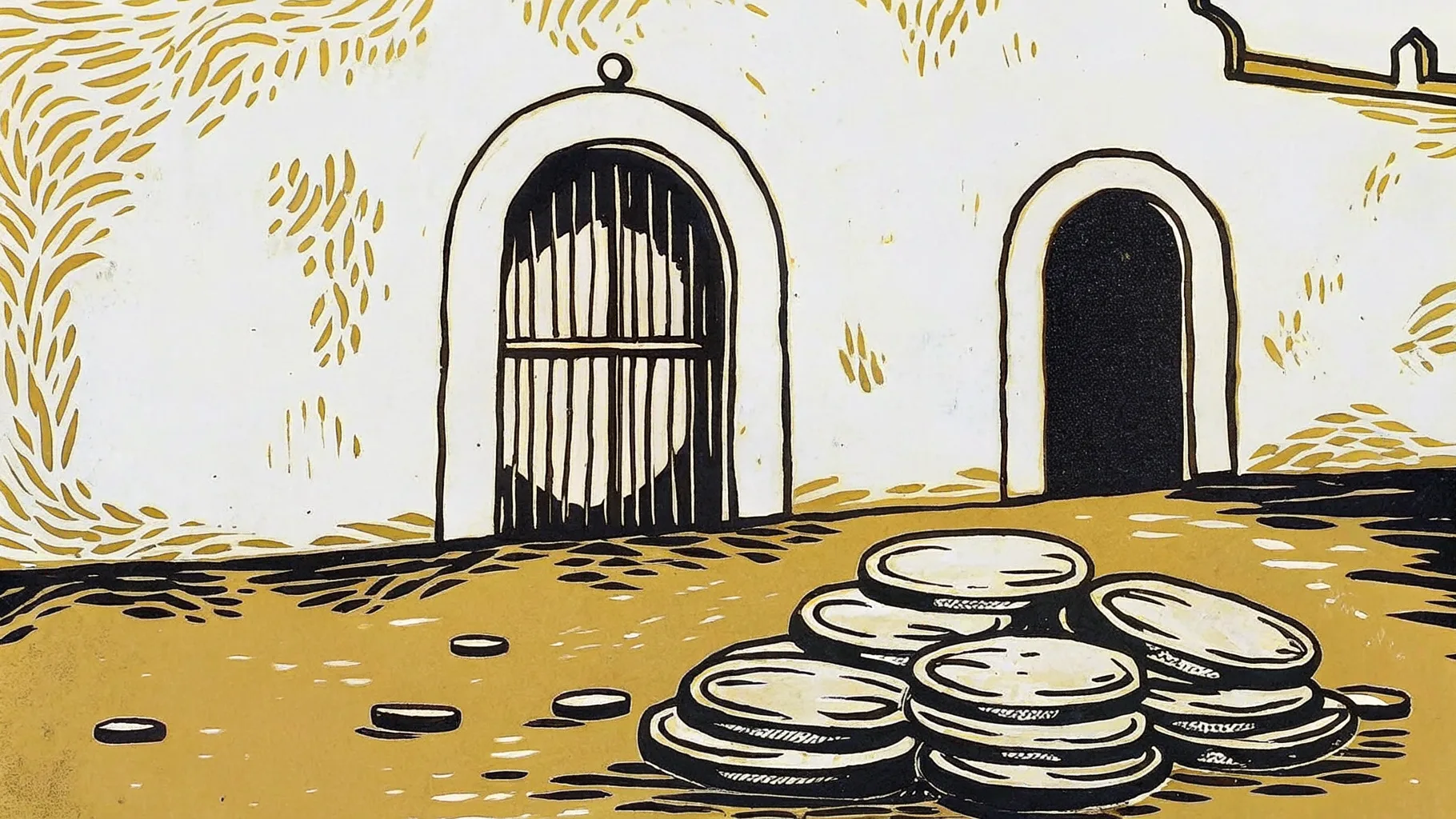 Ilustración estilo grabado de una fachada colonial yucateca con una pila de monedas, costo de vida accesible