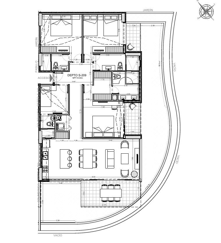 Plano de la unidad S-209 — Departamento, vista Esquina marina